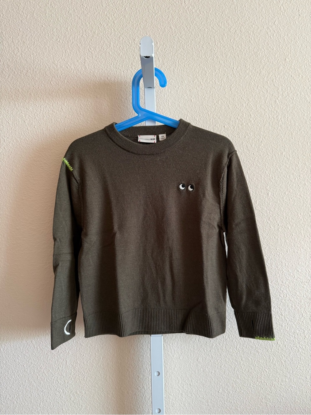 Uniqlo X Anya Hindmarch Olive Green Kids Crewneck Sweater with Eye Motif